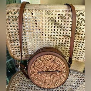 Round Rattan Studded Crossbody Purse